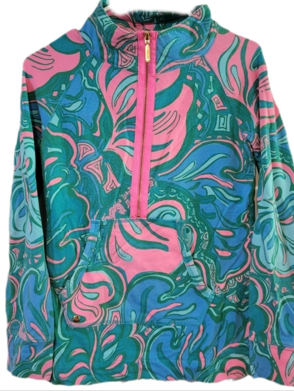 Lilly Pulitzer Skipper Popover Teal Green Pink Botanical Leaf Pullover XS